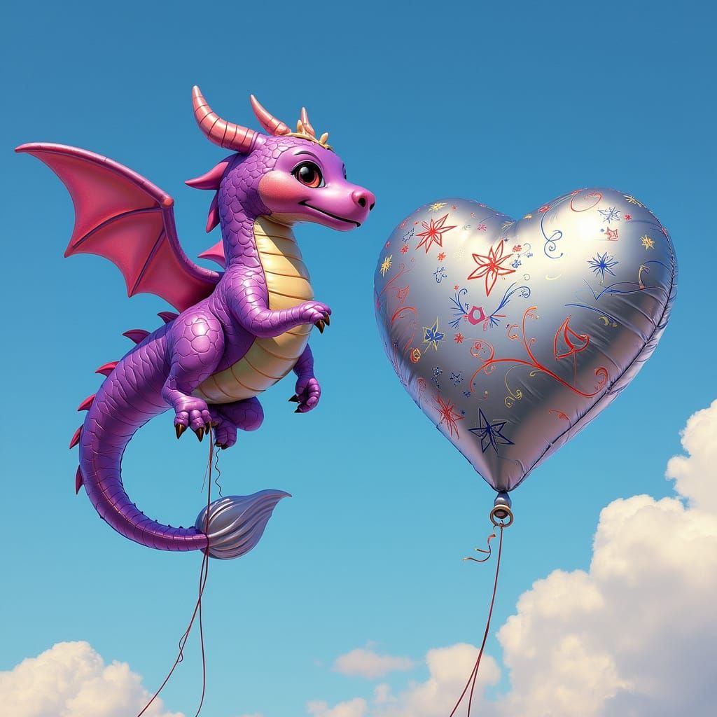 Iridescent Dragon and Silver Heart Balloons in Mid-Air