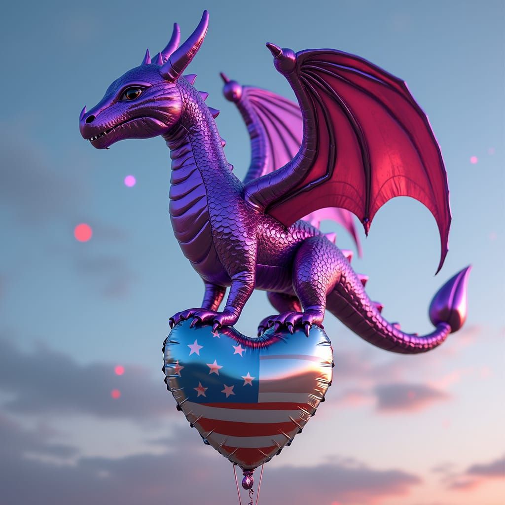 Purple Dragon Balloon and Silver Heart Soar Amidst Futuristi...