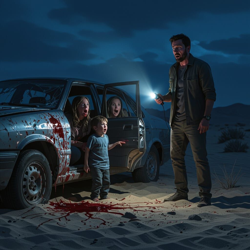 Desert Nightmare: Terrified Family in Cinematic Horror Scene