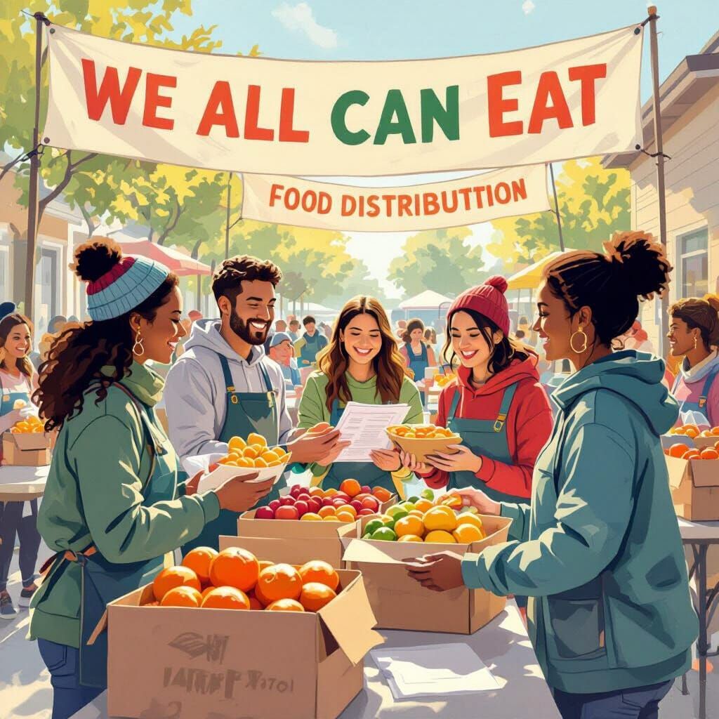 Happy Volunteers Distribute Food at Community Drive