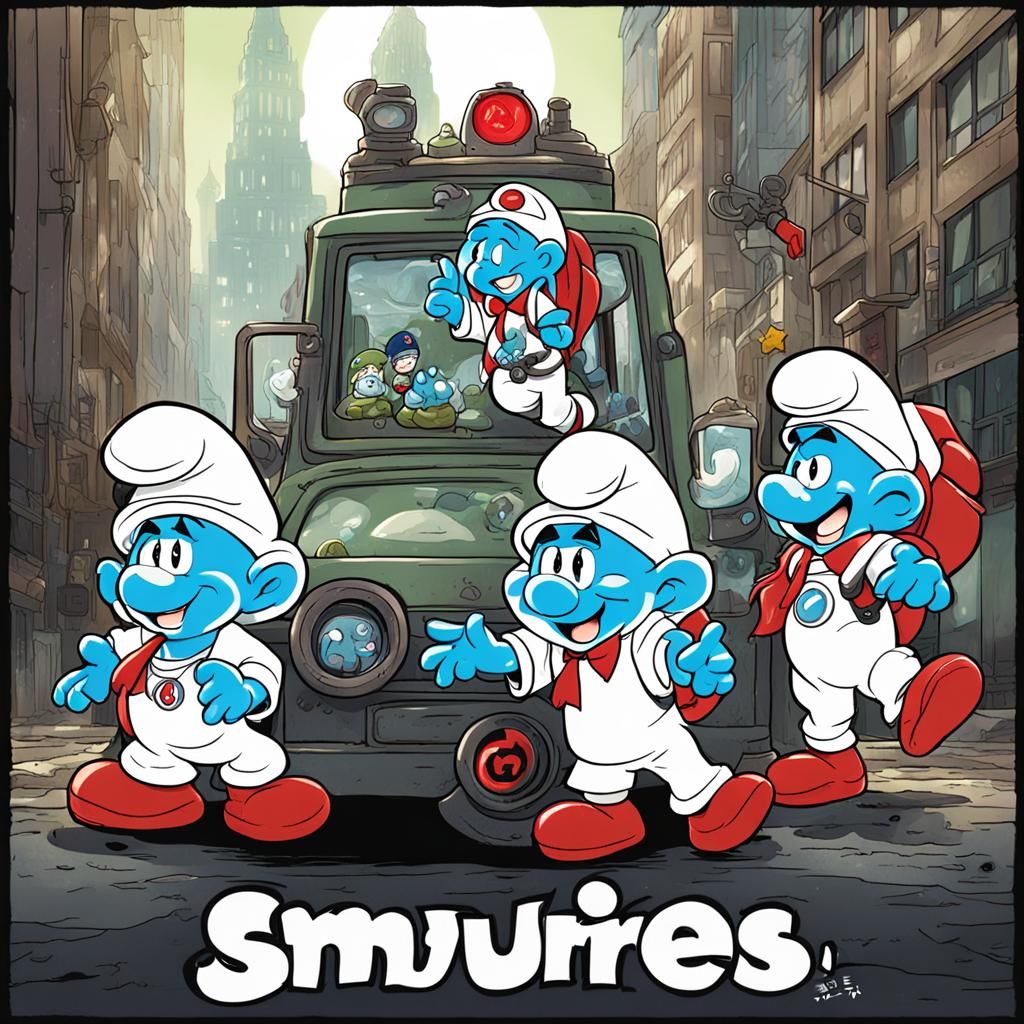 Smurfs as Ghostbusters in Anime Style