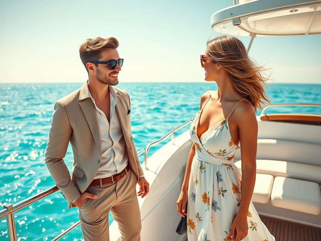 Elegant Couple on Yacht in Photorealistic Style