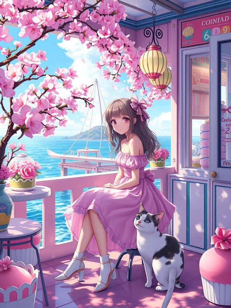 Anime Girl Enjoys Whimsical Seaside Café Scene with Cherry B...