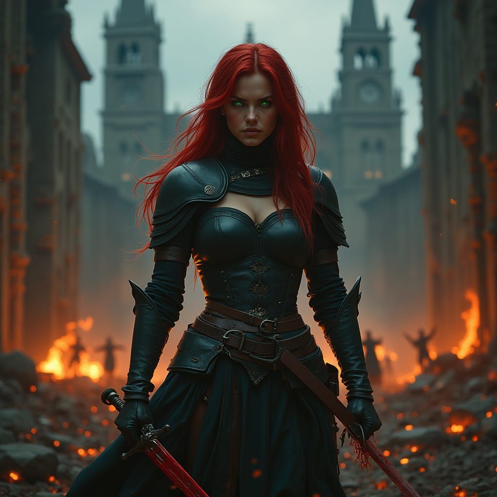 Red-Haired Warrior Woman in a Dark Fantasy Battlefield