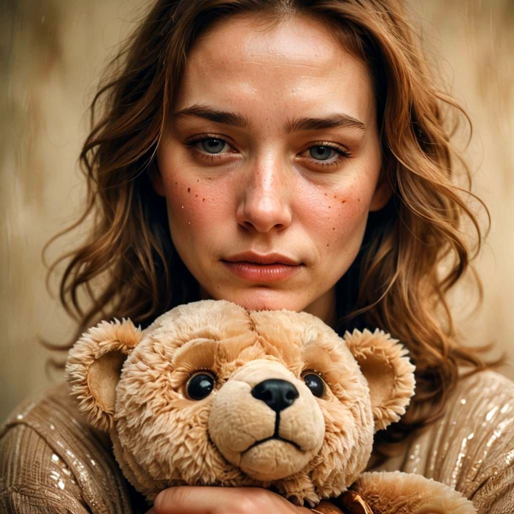 Woman Comforted by Teddy Bear, Crying Softly