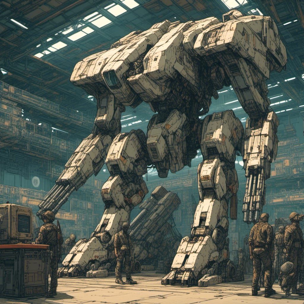 Detailed Modular Mecha in Hangar Scene