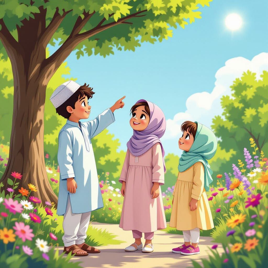 Muslim Siblings Admire Tall Tree in Sunny Garden