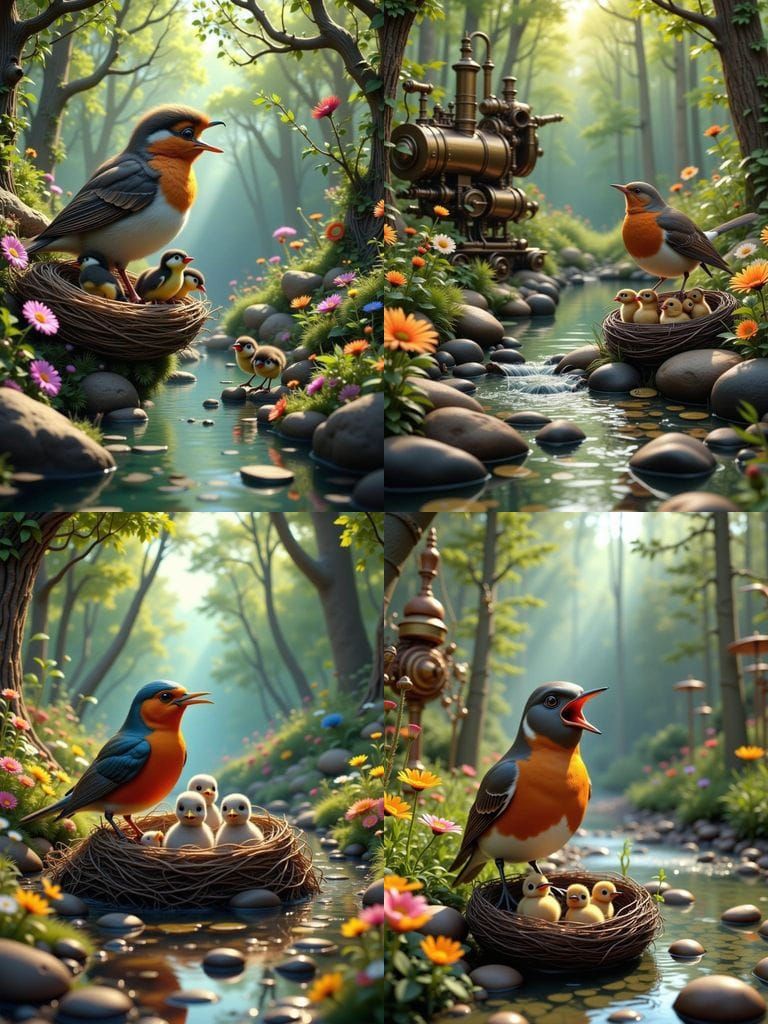 Robin and Chicks in Forest, Hyperrealistic Anime Art