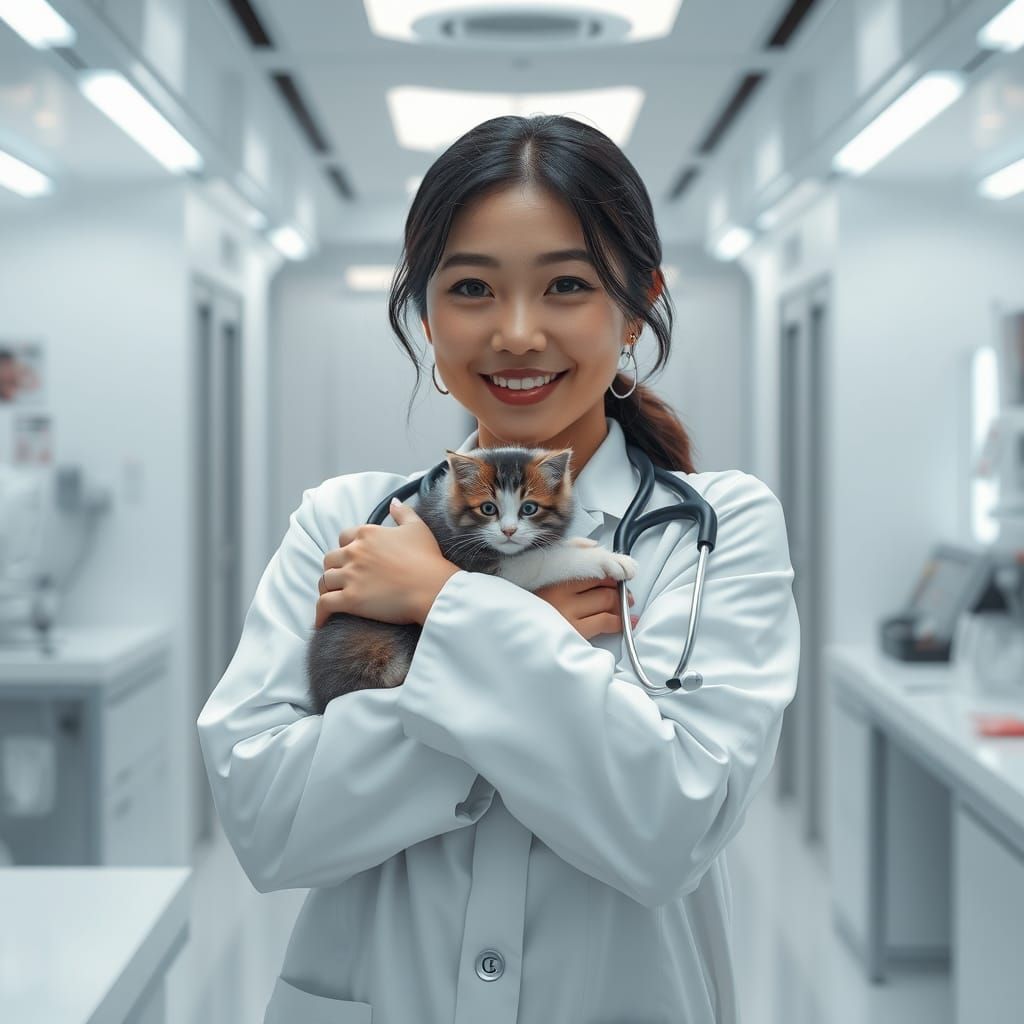 Asian Doctor Hugs Kitten in Futuristic Lab
