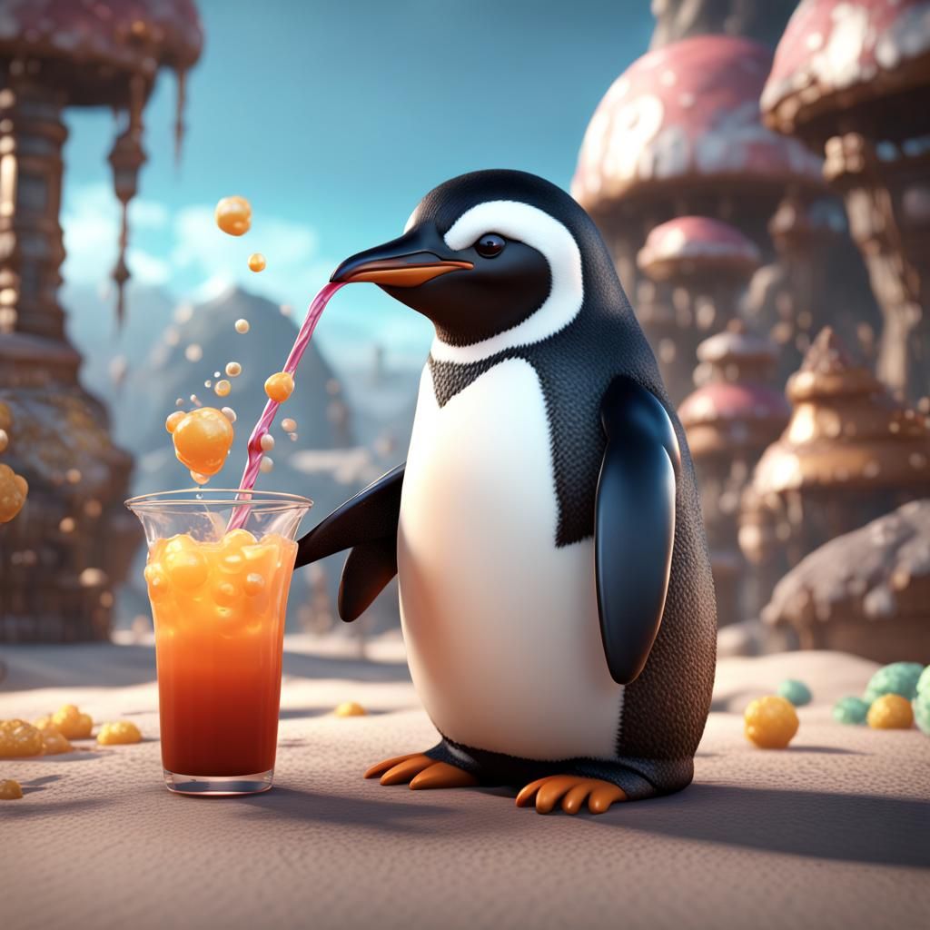 Animated Penguin Boba Drink: Detailed Fantasy Art