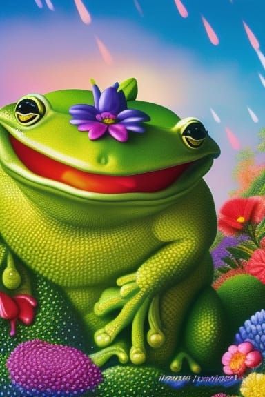 Whimsical Frog with Flower Hat in the Rain