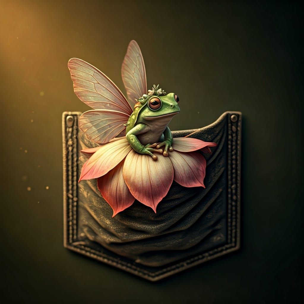 Frog Fairy in Velvet Pocket, Whimsical Art