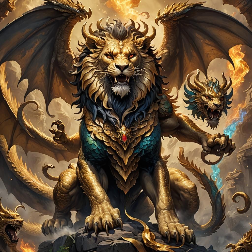 Majestic Chimergon: Dragon and Chimera Hybrid in Digital Art