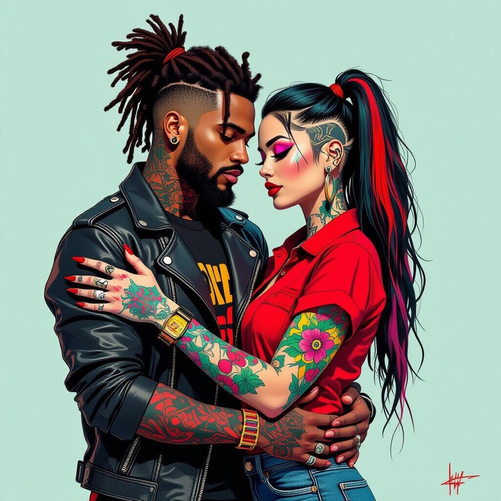 Dynamic Digital Art: Man and Woman with Tattoos