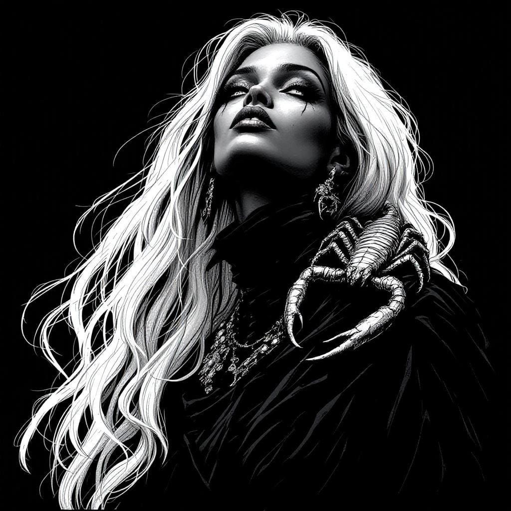 Gothic Noir: Woman with Scorpion in Ink Illustration