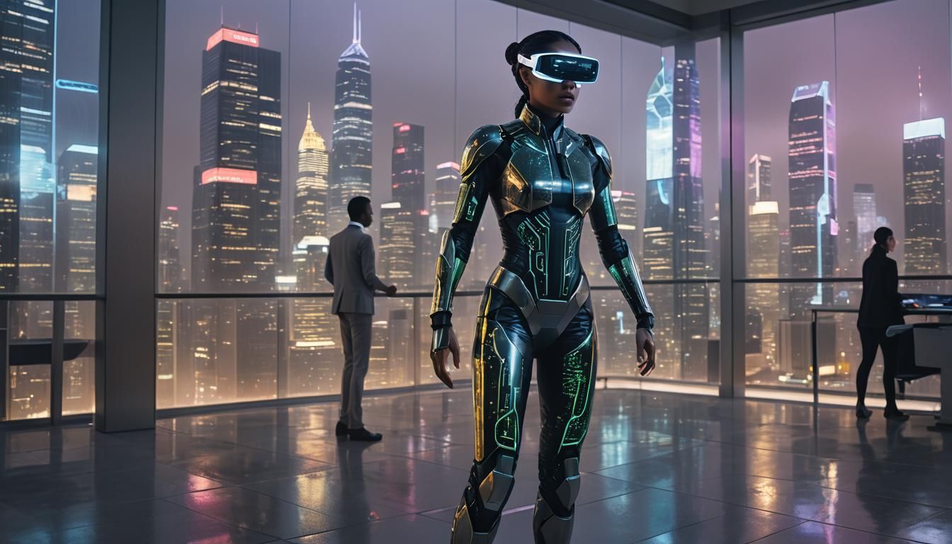 Cyborg Woman Directs Humans in Neon-Noir Office