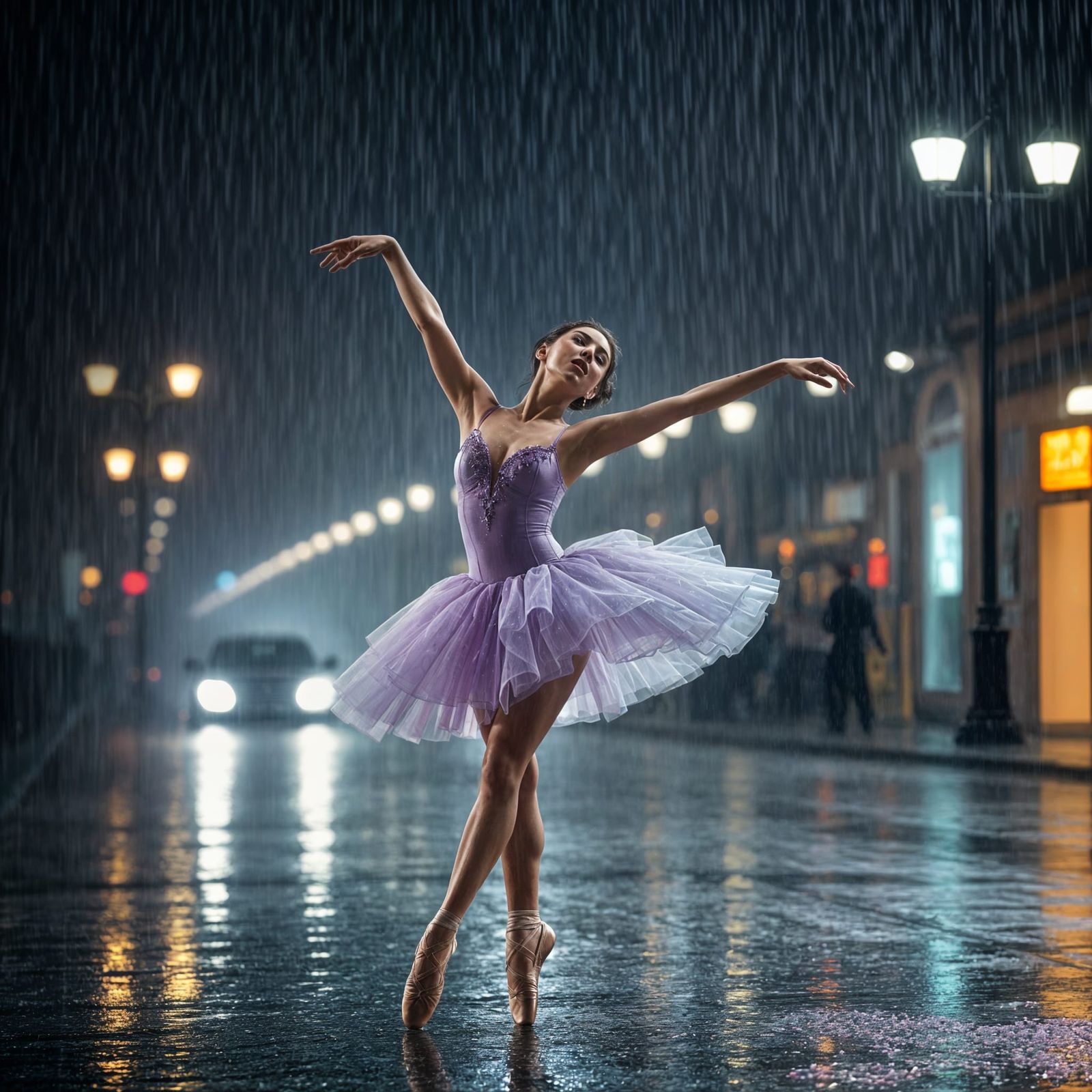 Ballet Dancer Under Streetlights in the Rain
