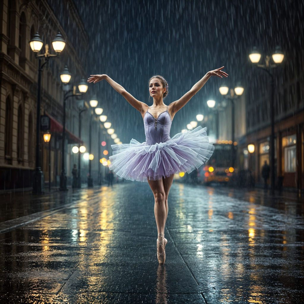 Sultry Ballerina Dancing in the Rain Under Streetlights