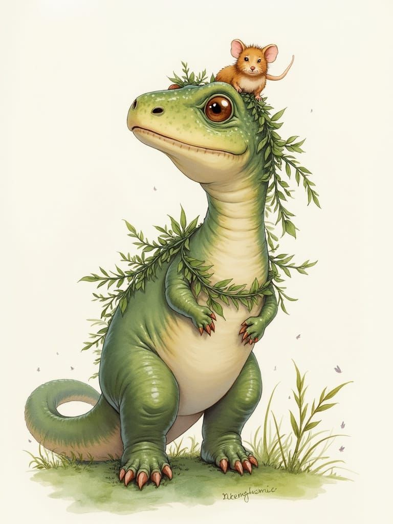 Allosaurus with Mouse Companion in Whimsical Watercolour Sty...