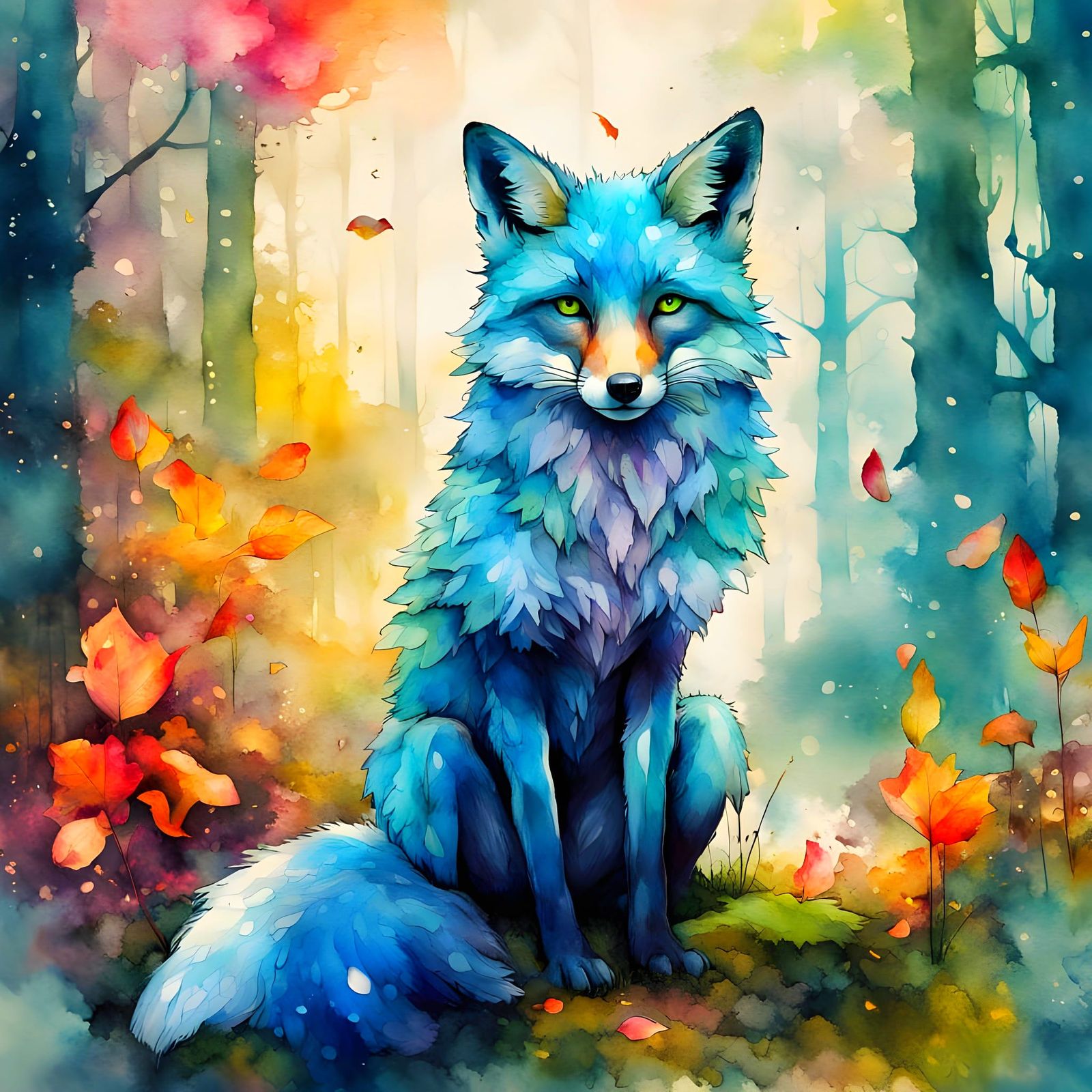 Blue Fox in Colorful Forest, Expressive Ink and Watercolor