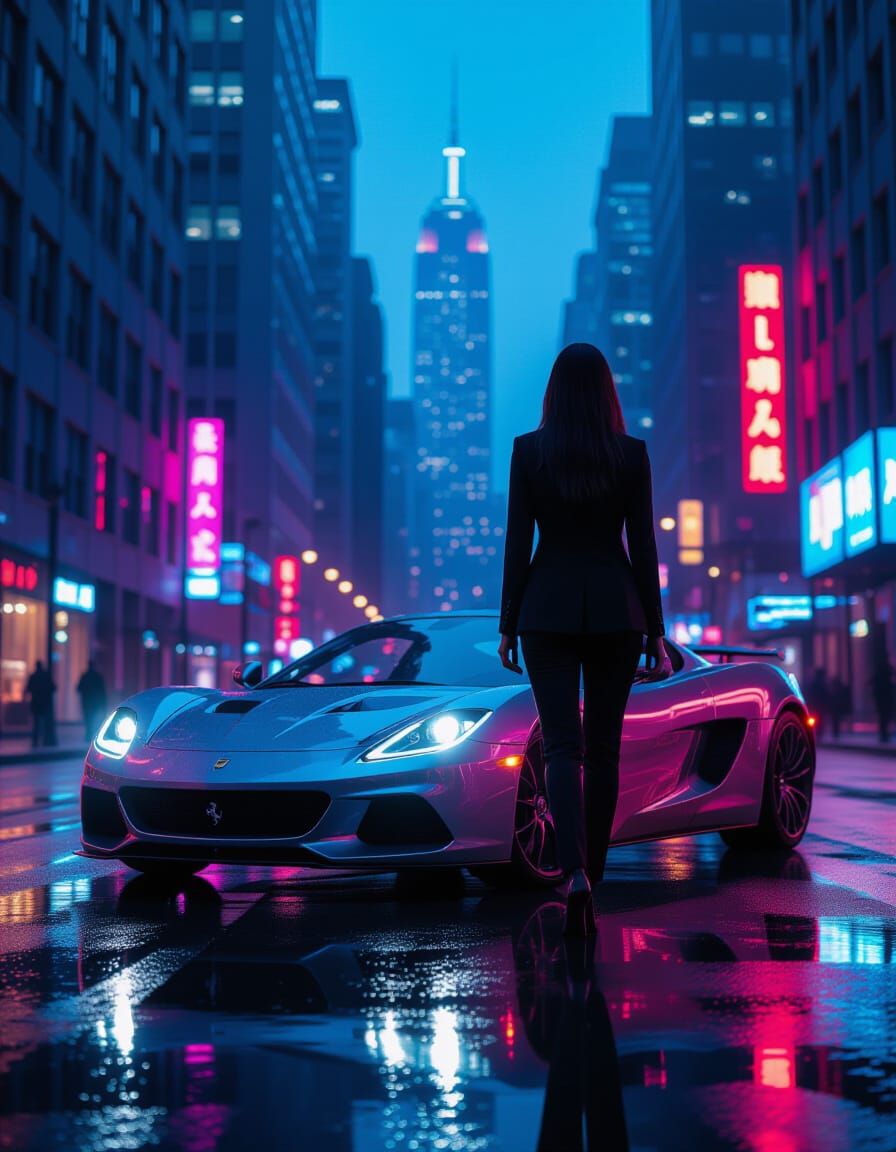 Businesswoman and Sports Car on Wet City Street