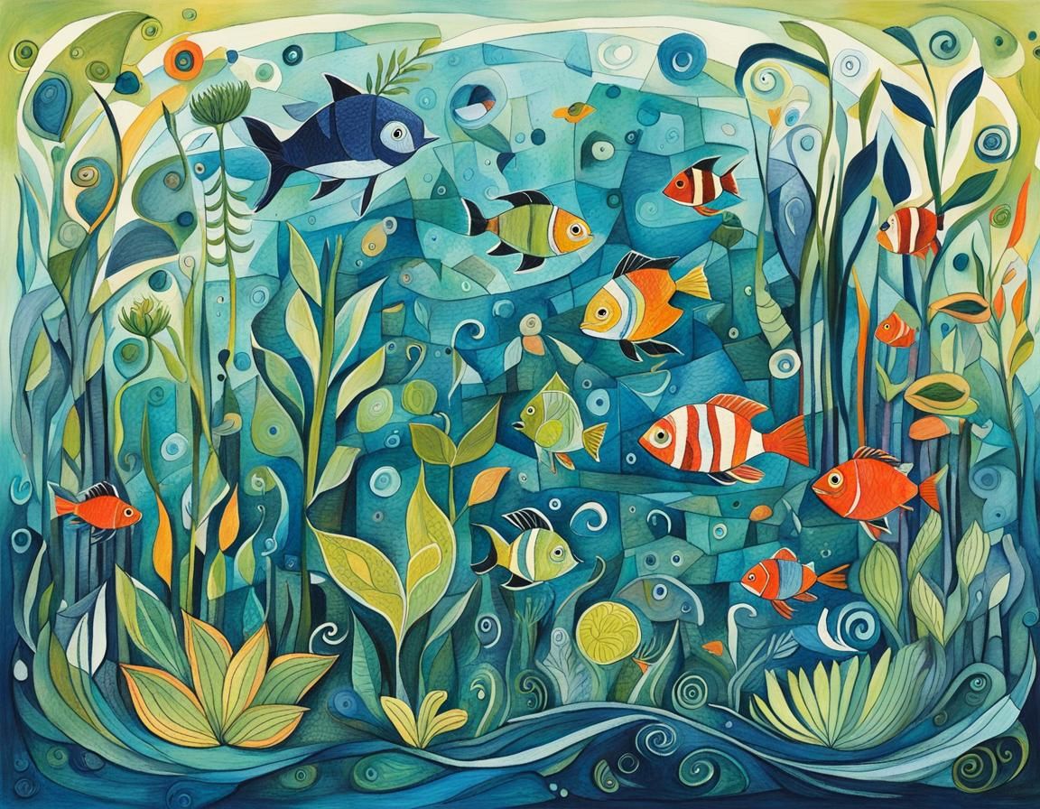 Aquatic Plant World: Whimsical Cubist Illustration