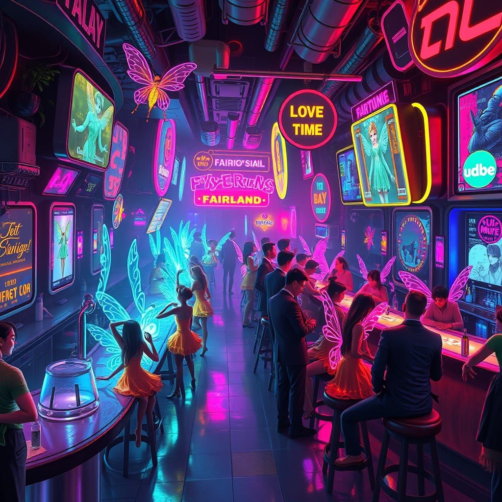 Cyberpunk Fairyland Bar Scene with Fairies