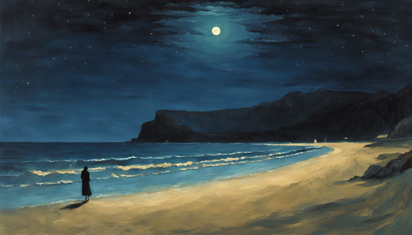 Midnight Moonlit Beachscape with Lonely Figure