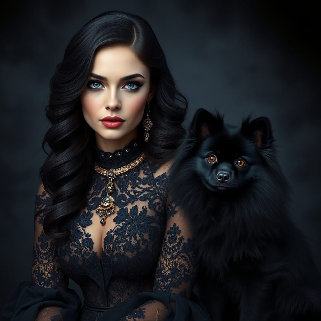 Elegant Regal Woman in Black Lace and Gold