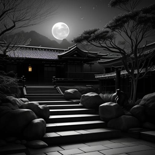 Nocturnal Zen Garden in Film Noir Style