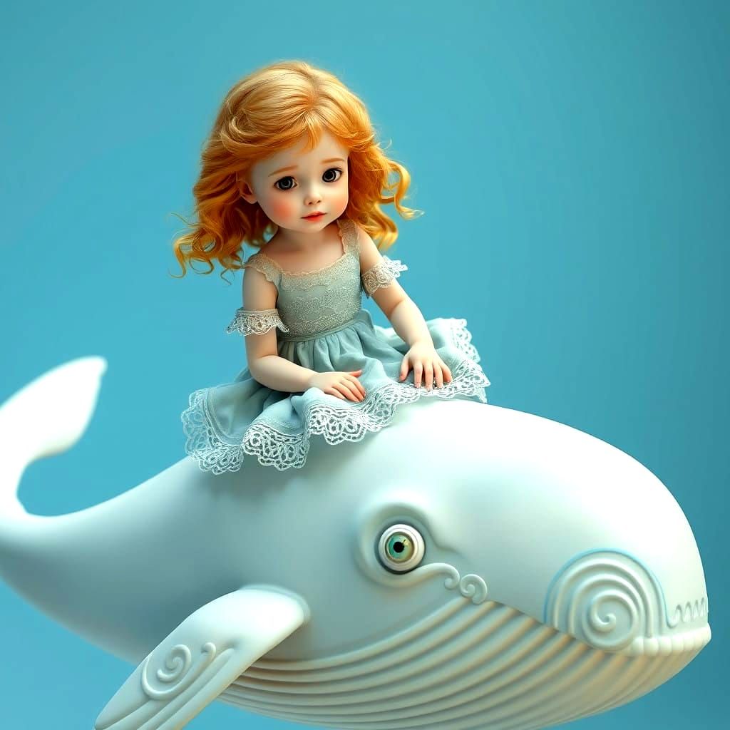 A Little Girl Rides a Majestic Whale in Pastel Hues, Inspire...