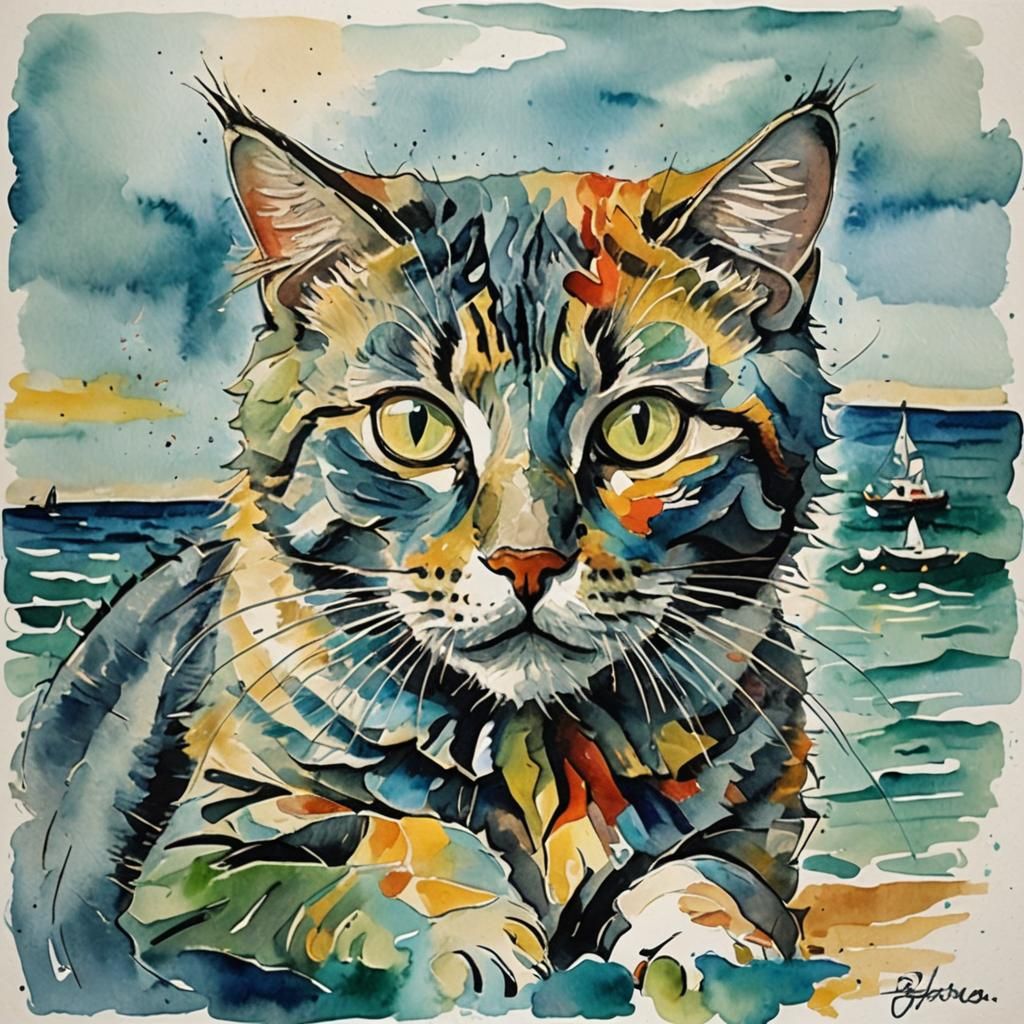 Abstract Cat Painting with Ocean Backdrop