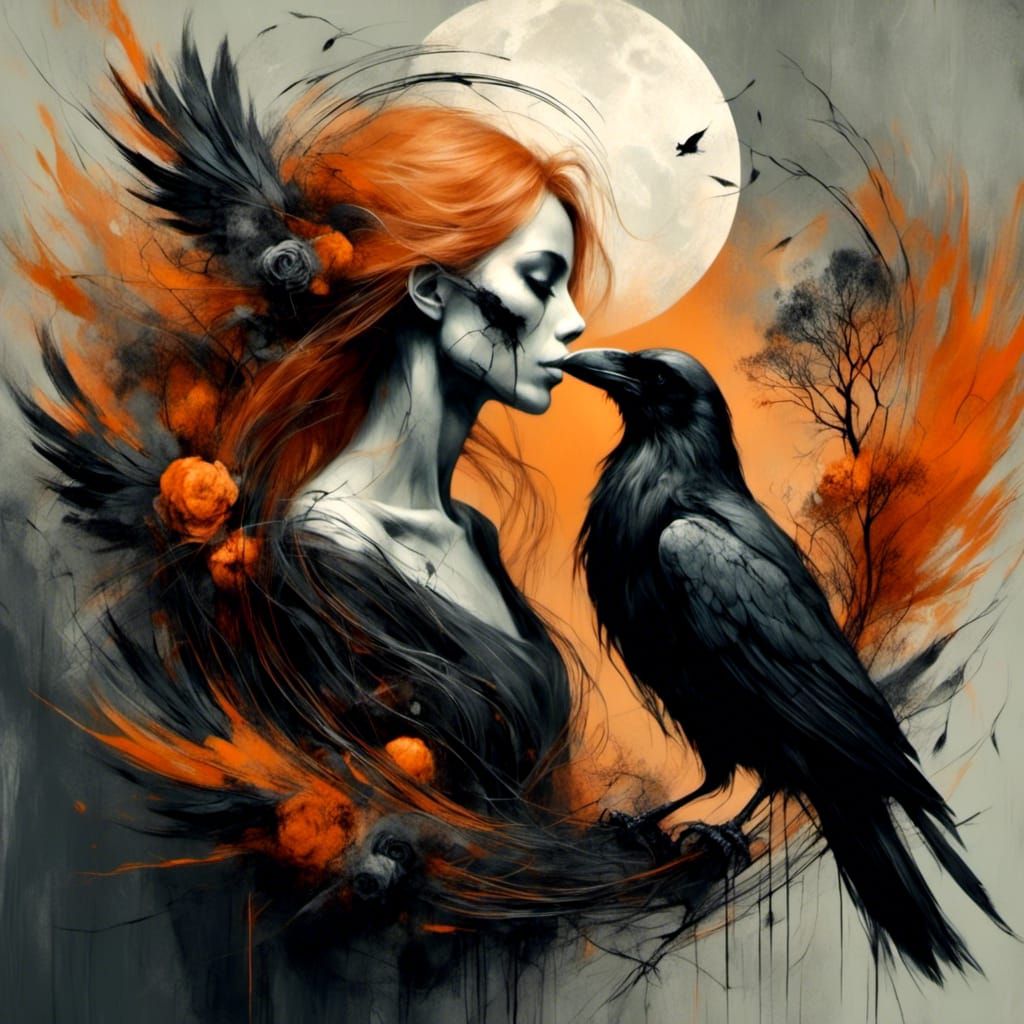 Gothic Raven and Skull Portrait in Marble Style