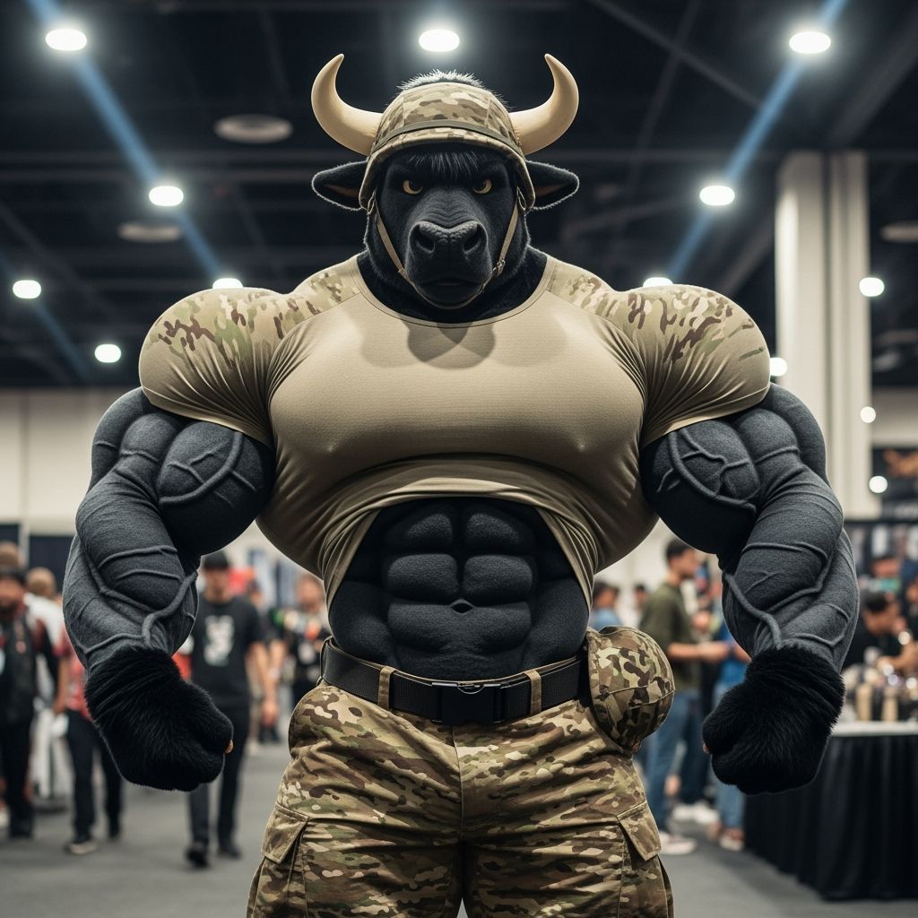 Muscular Bull Fursuit Bodybuilder in Army Uniform