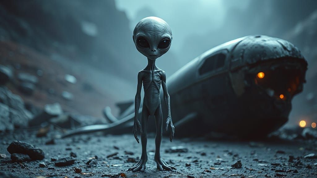 Grey Alien Dazed By Crashed Spaceship in Surreal Landscape