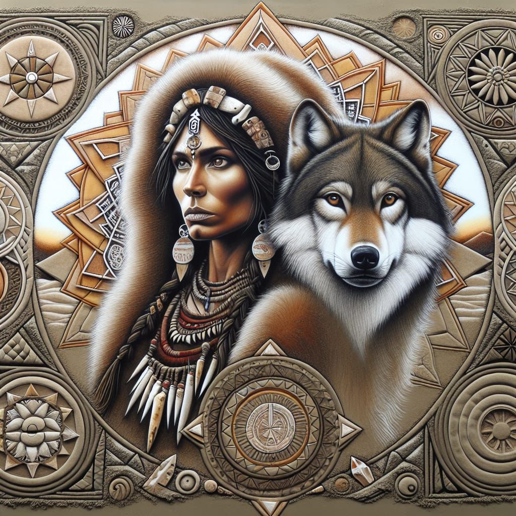 Tribal Sand Painting of Ice Age Warrior Woman