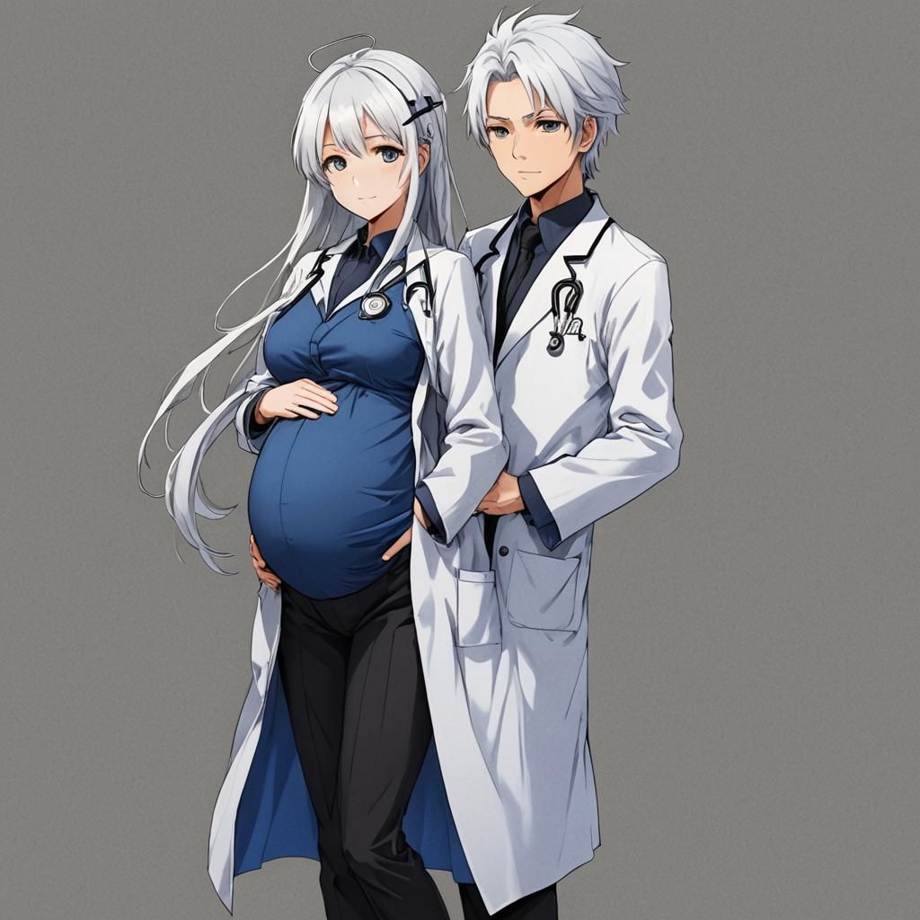 Anime Style: Pregnant Doctor with White Hair