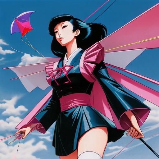 Japanese Gothic Girl Flying Kite in Synthwave Neon Style