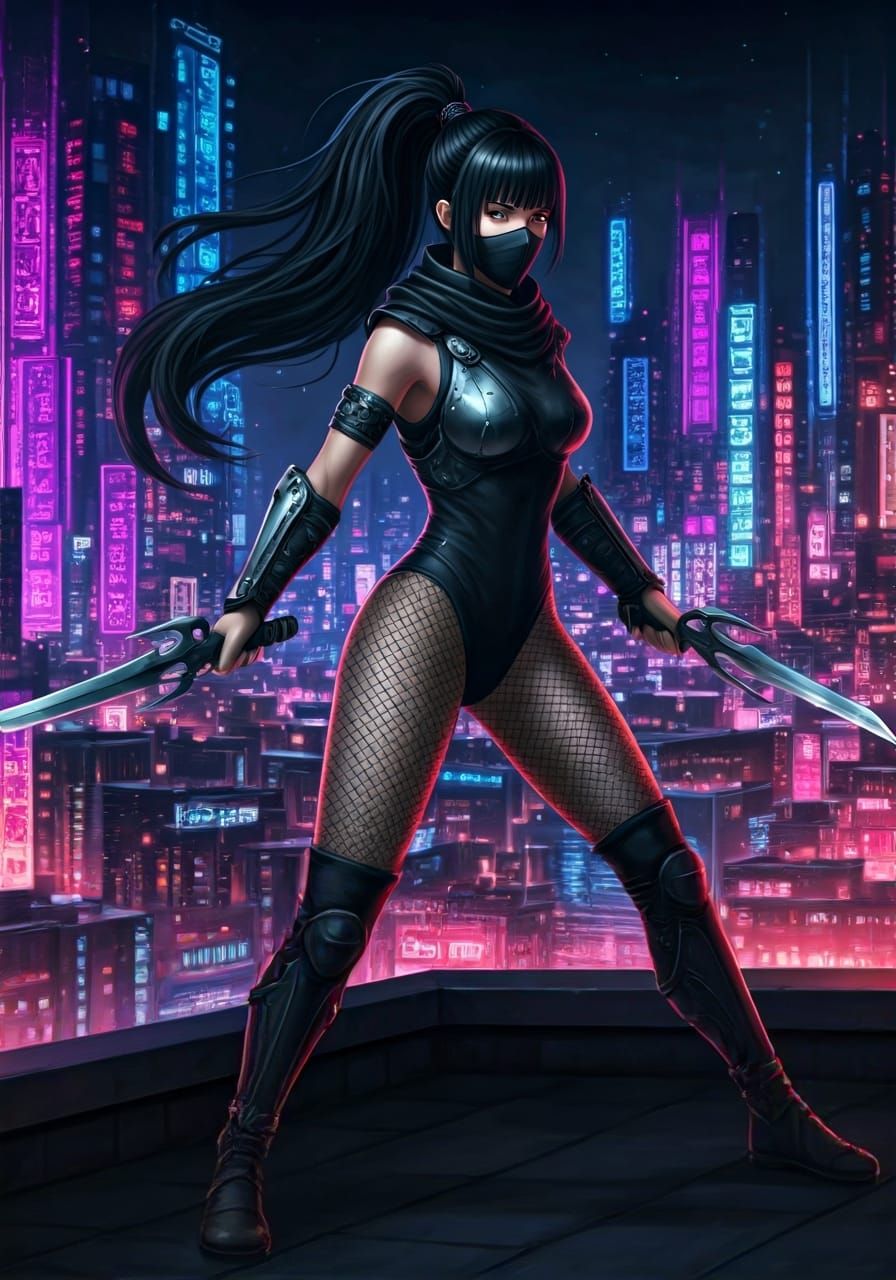 Cyberpunk Ninja Girl with Sais in Futuristic Cityscape