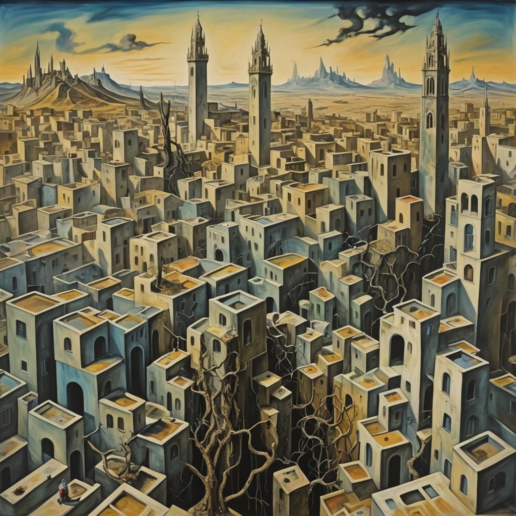 Surreal City Coiled in Rhythms: Dali-esque Oil Painting