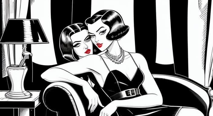 Risqué Comic Art of Two Women in Black and White