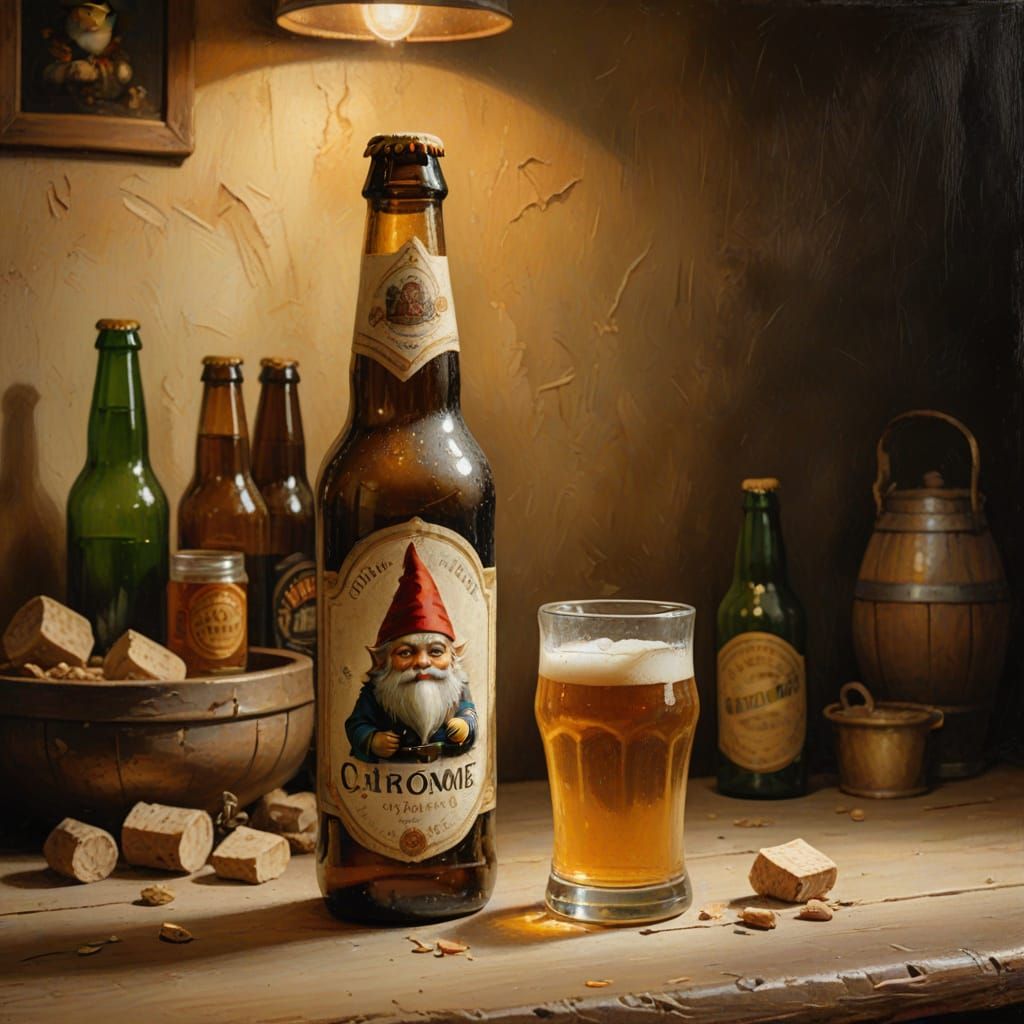 Golden Gnome Beer Bottle on Wooden Table, Oil Painting Style