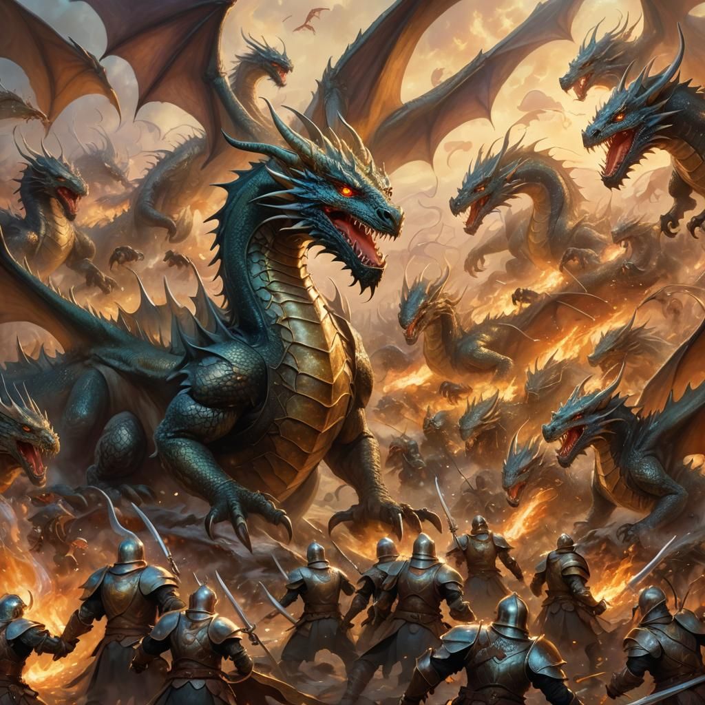 Epic Dragon Battle in Mystical Realm, Oil Painting