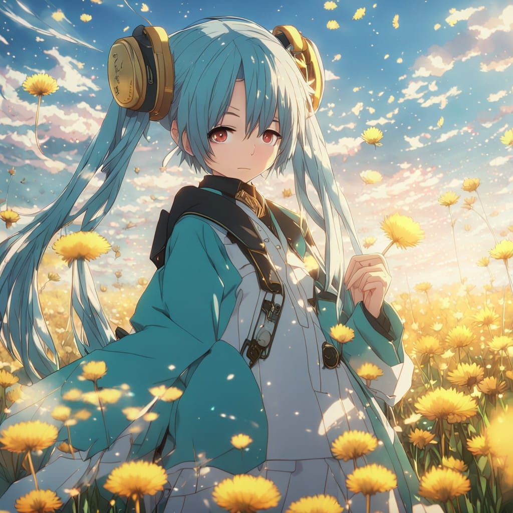 Vibrant Dandelions Surround Young Vocaloid Idol