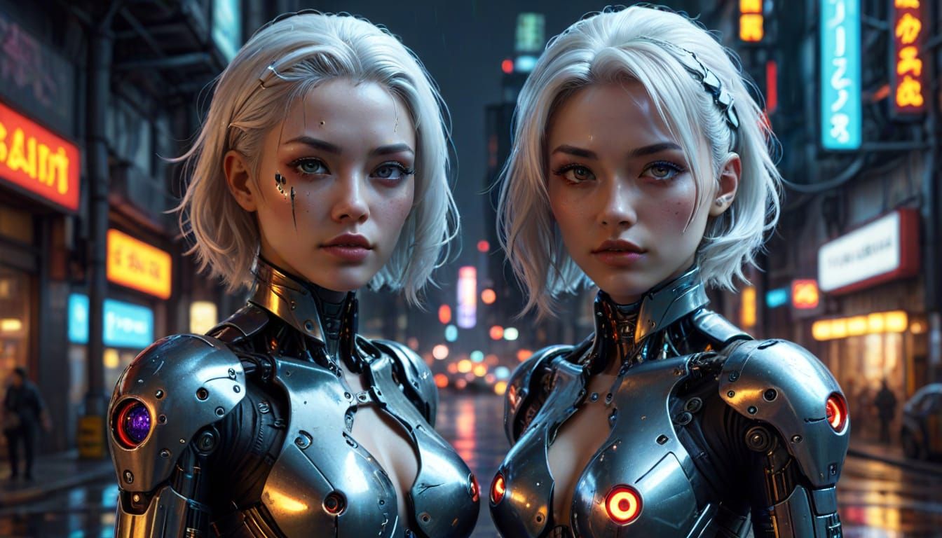 Cyberpunk Cyborg Pinup with Neon Reflections