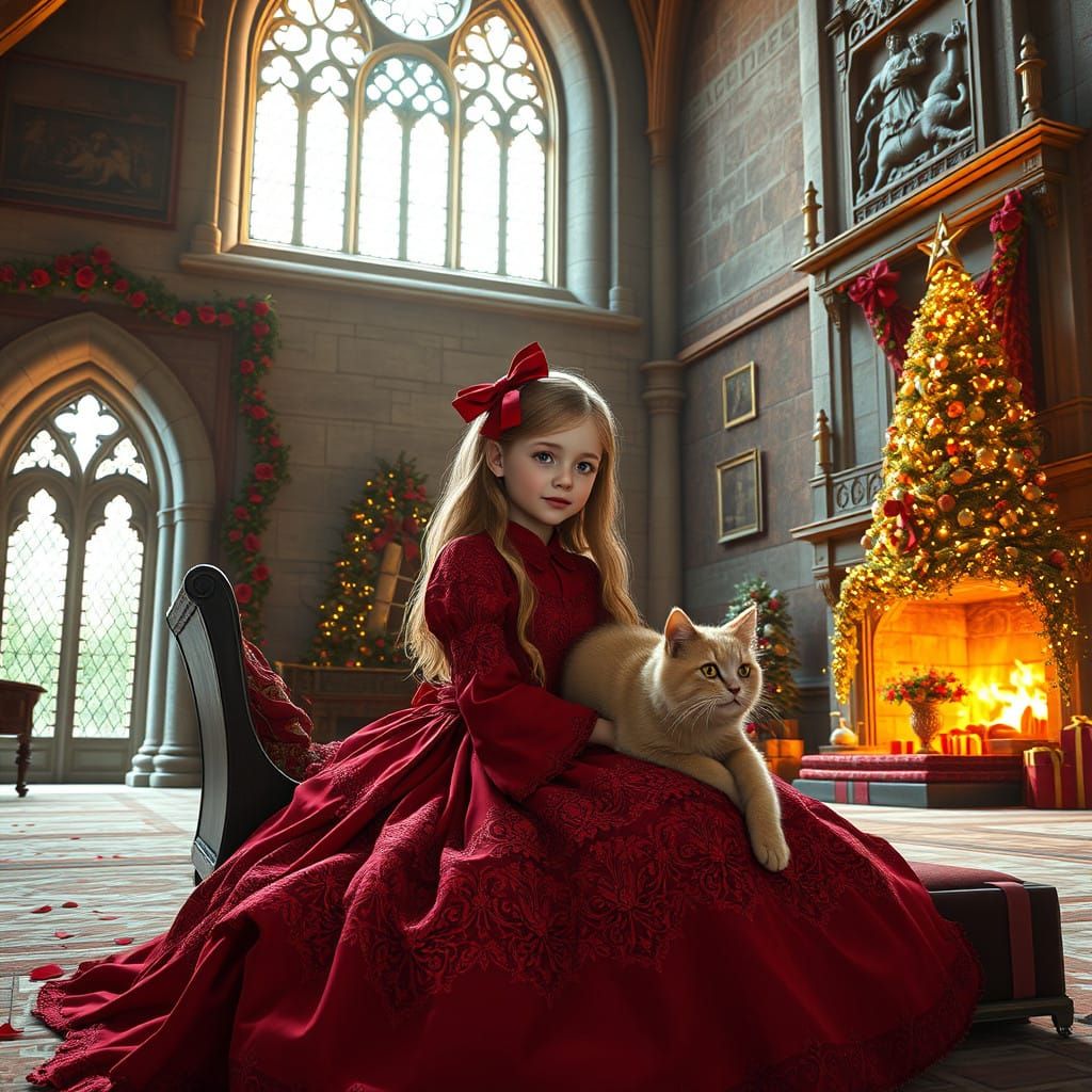 A Victorian Christmas Scene with a Little Girl and her Kitty