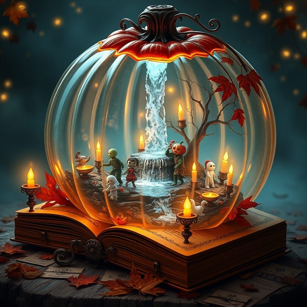 A colossal, luminous glass pumpkin, its translucent surface glowing with an ethereal light, serves as a diorama for a mi...