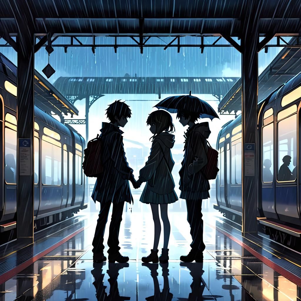 Anime-Style Lovers Reunite in Rainy Silhouette