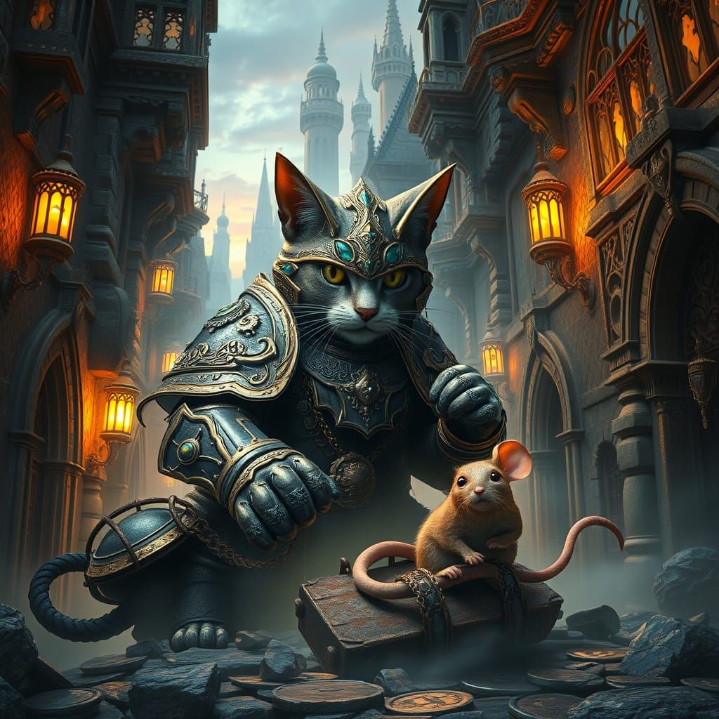 Majestic Warrior Cat in Shimmering Armor Saves Desperate Mou...