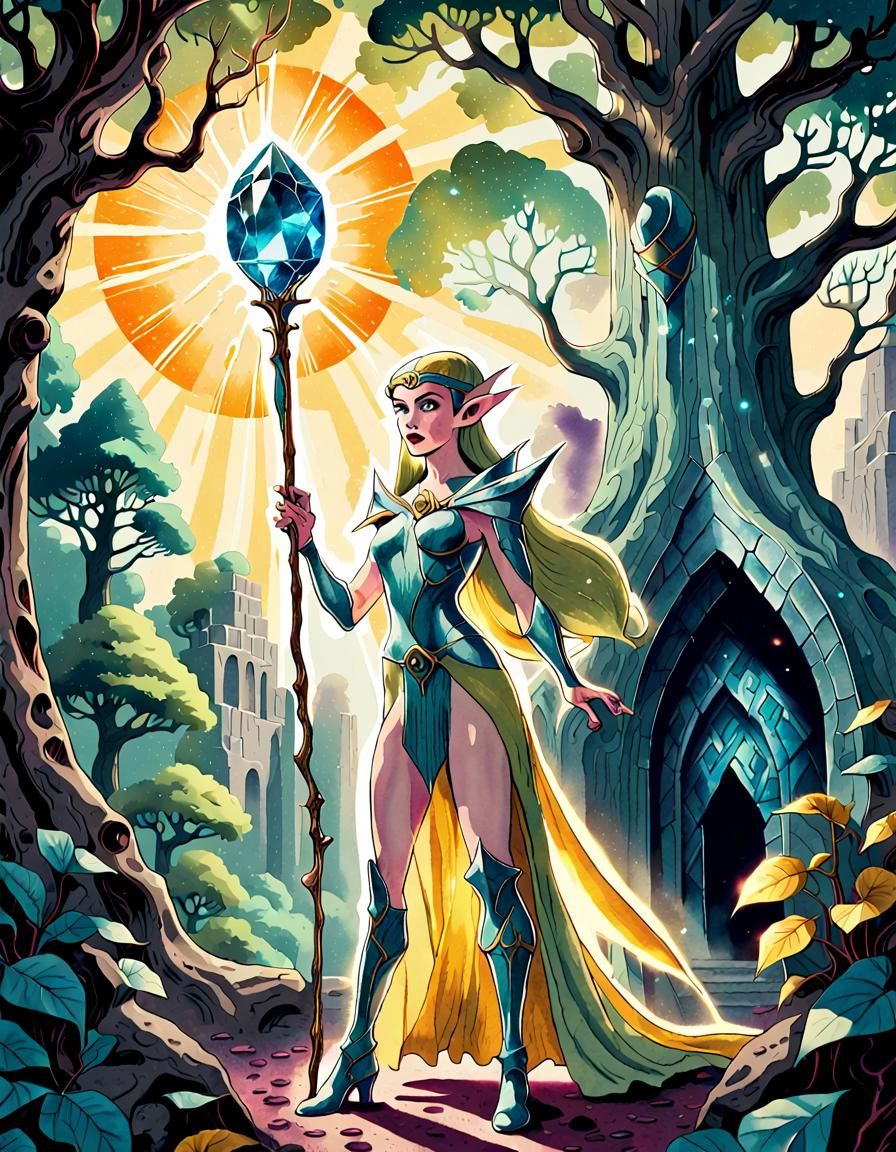 Elven Enchantress in Psychedelic Pop Art Style